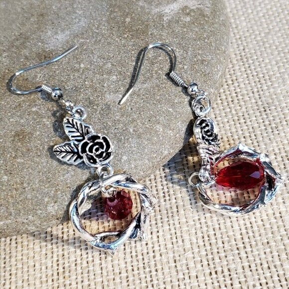 Vampire Goth Blood Red Crystal Teardrop Roses Dead Vines Silver Enamel Earrings - Picture 5 of 7